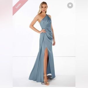 Bridesmaid Sheath One Shoulder Stretch Satin Floor-Length Dress Dusty Blue